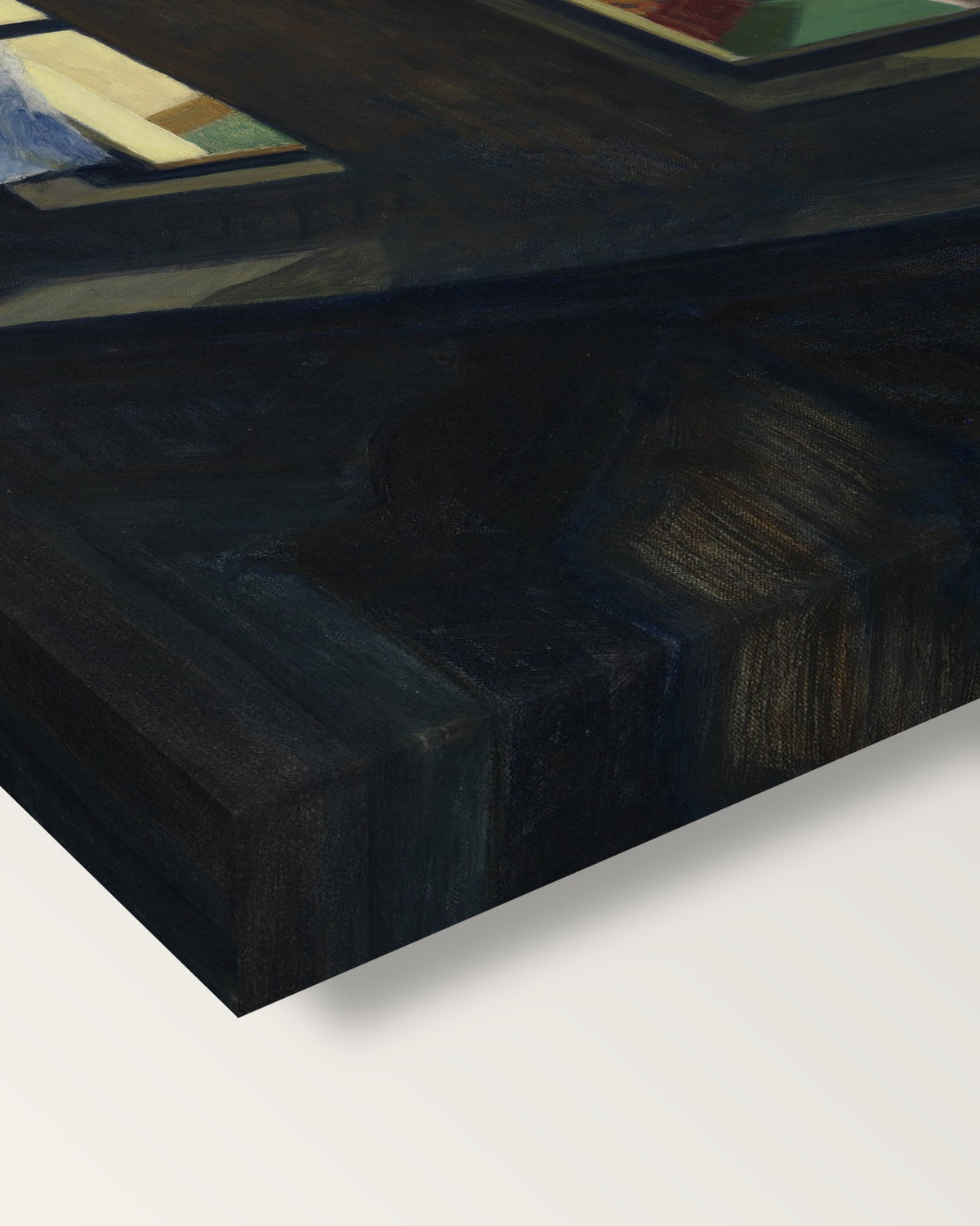 Night Windows by Edward Hopper on stretched canvas, corner close-up: the painting mirror-wrapped round the sides