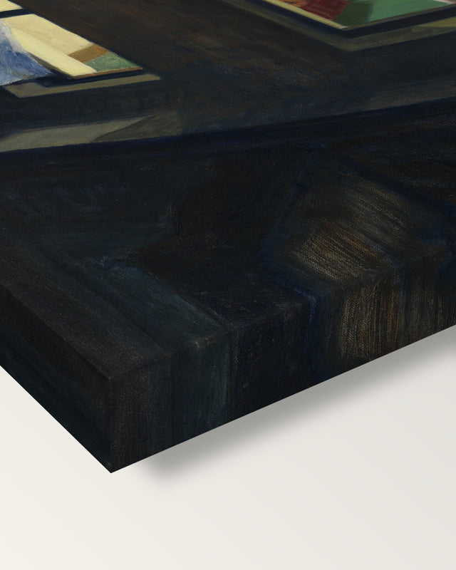 Night Windows by Edward Hopper on stretched canvas, corner close-up: the painting mirror-wrapped round the sides