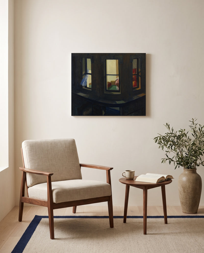 Night Windows by Edward Hopper as a stretched canvas above a linen lounge chair in a reading corner