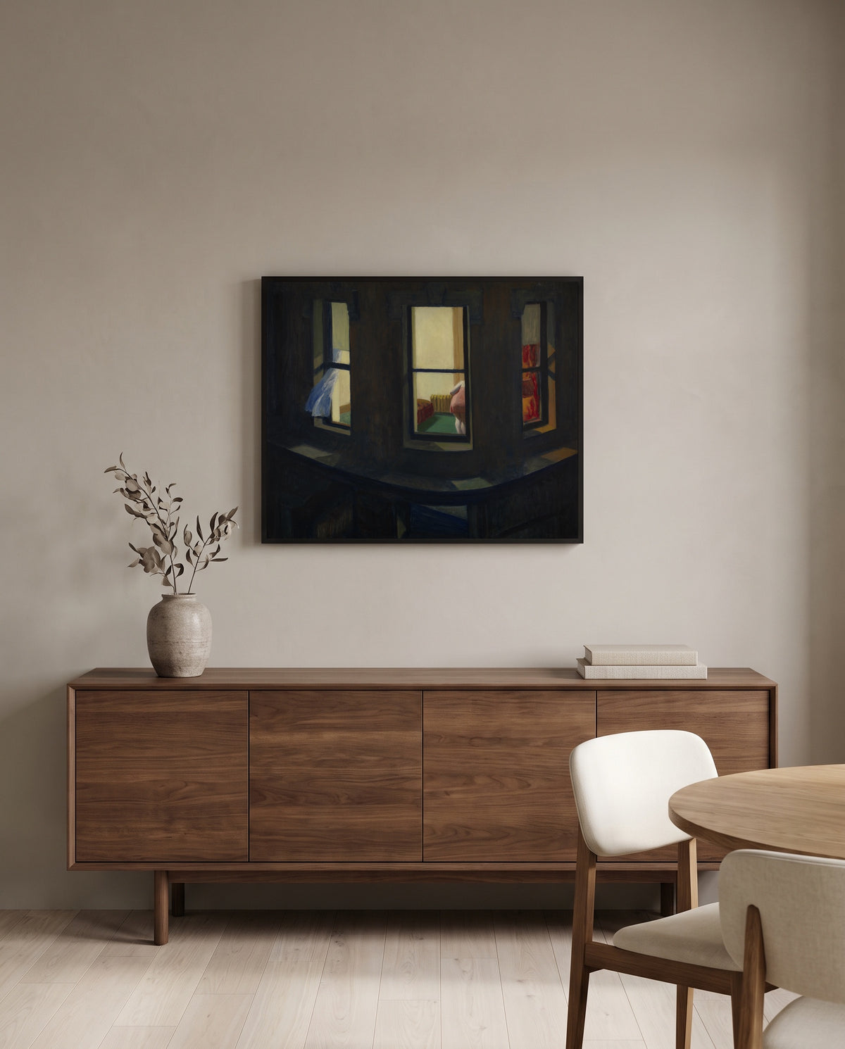 Night Windows by Edward Hopper in a black frame above a walnut sideboard in a dining room