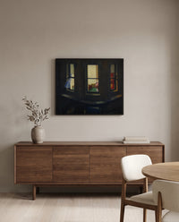 Night Windows by Edward Hopper in a black frame above a walnut sideboard in a dining room