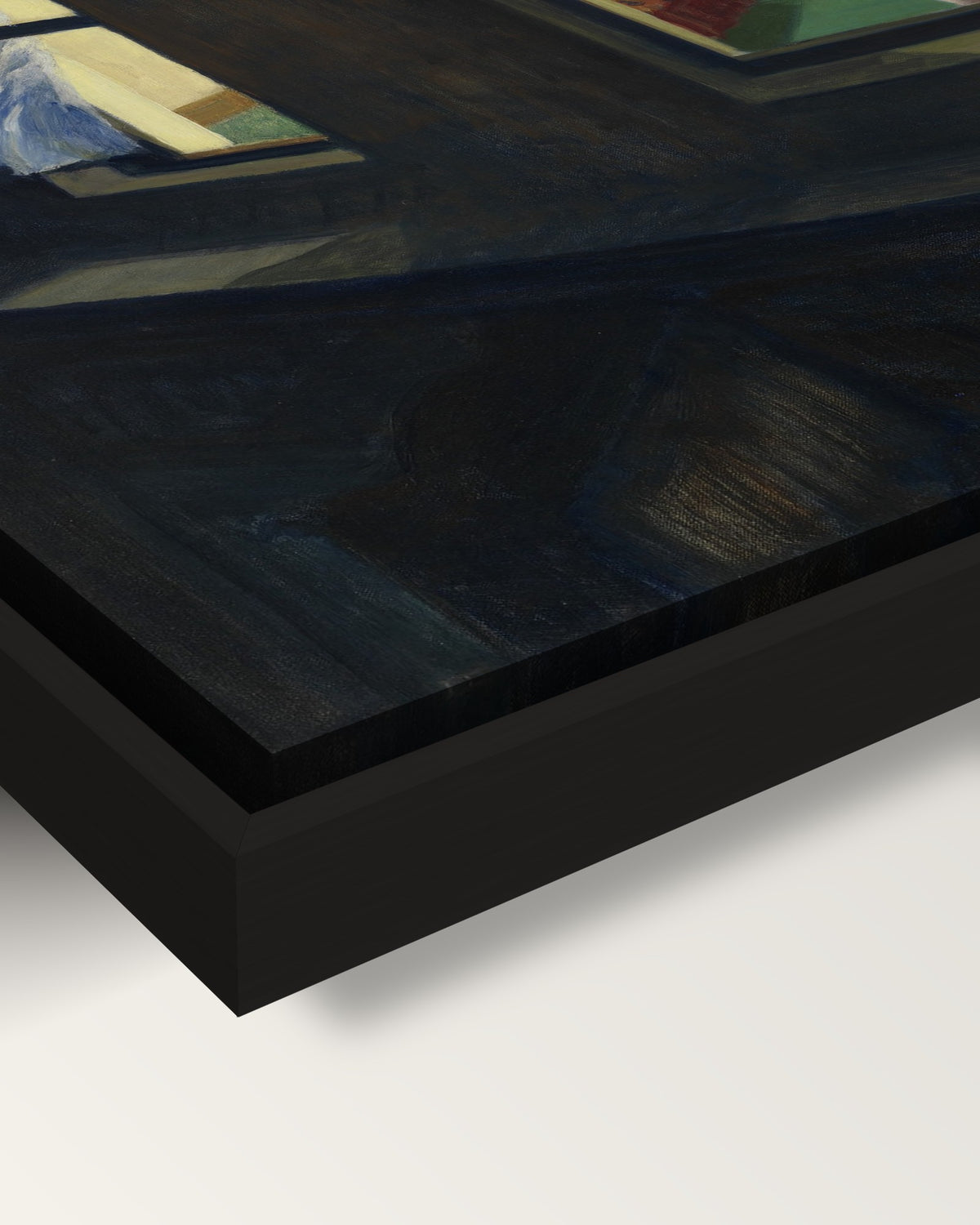 Night Windows framed canvas, corner close-up: the canvas in a slim black floating frame, its painted edge in the shadow gap
