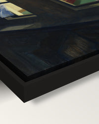 Night Windows framed canvas, corner close-up: the canvas in a slim black floating frame, its painted edge in the shadow gap