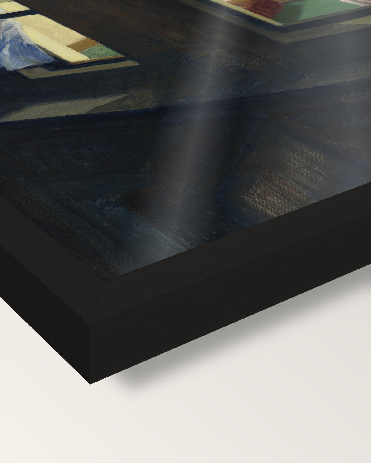 Night Windows by Edward Hopper framed print, corner close-up: black moulding, edge to edge under plexiglass, no mat