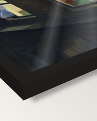 Night Windows by Edward Hopper framed print, corner close-up: black moulding, edge to edge under plexiglass, no mat