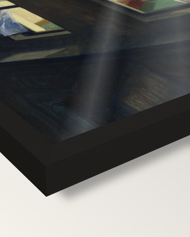 Night Windows by Edward Hopper framed print, corner close-up: black moulding, edge to edge under plexiglass, no mat
