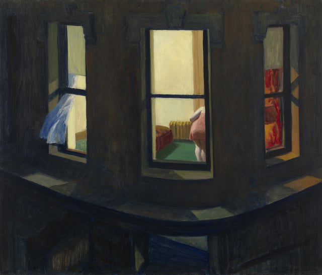 Night Windows by Edward Hopper: three lit windows of an upper floor at night, a white curtain blowing out of one