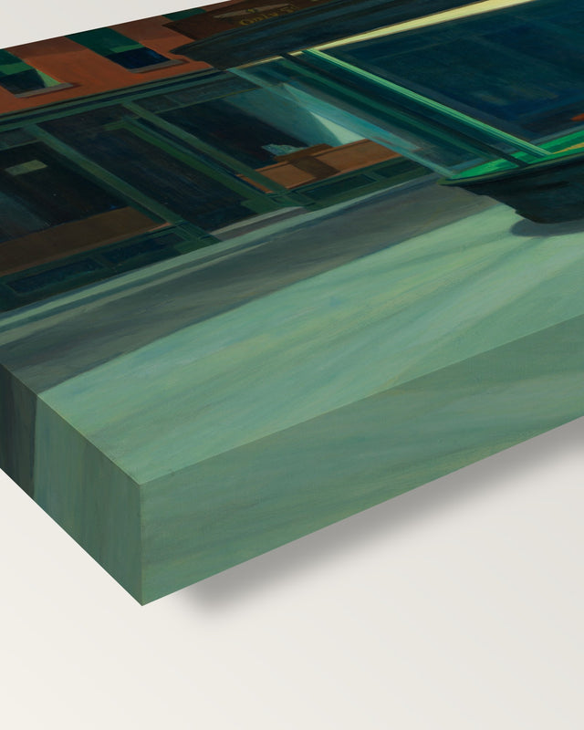 Nighthawks by Edward Hopper on stretched canvas, corner close-up: the painting mirror-wrapped round the sides