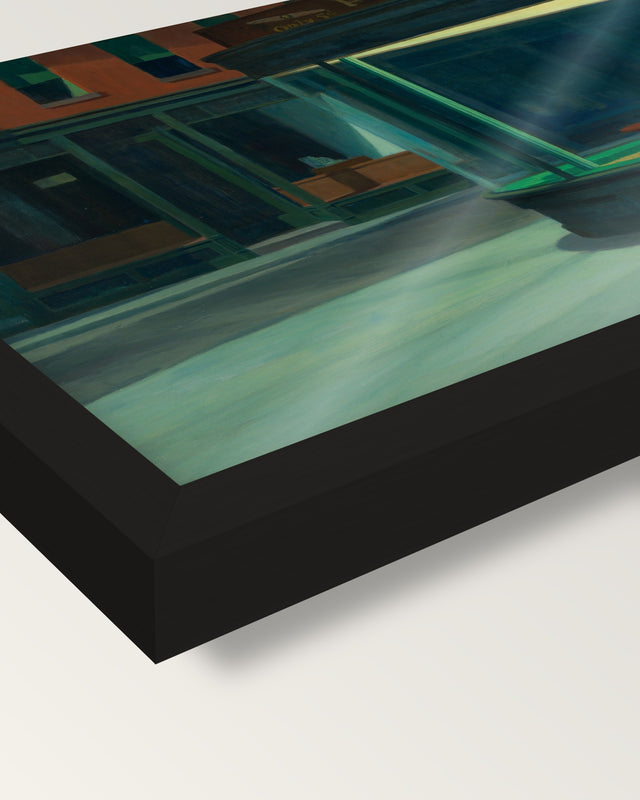 Nighthawks by Edward Hopper framed print, corner close-up: black moulding, the print edge to edge behind plexiglass, no mat