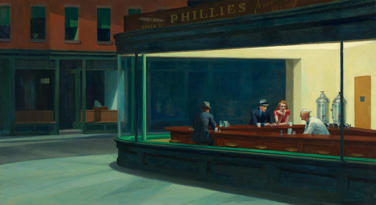 Nighthawks by Edward Hopper: a brightly lit corner diner at night, three customers and a counterman behind curved glass