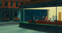 Nighthawks by Edward Hopper: a brightly lit corner diner at night, three customers and a counterman behind curved glass