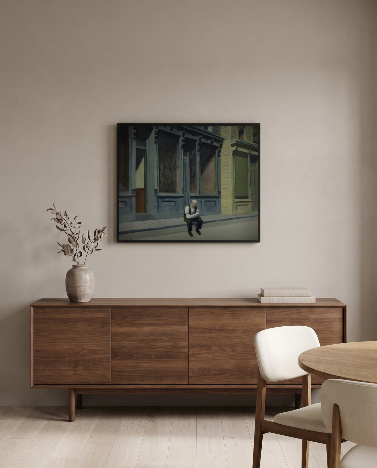 Sunday by Edward Hopper in a black frame above a walnut sideboard in a dining room