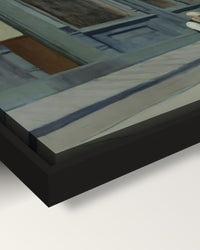 Sunday framed canvas, corner close-up: the canvas in a slim black floating frame, its painted edge in the shadow gap