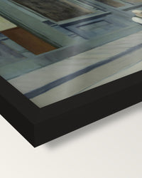 Sunday by Edward Hopper framed print, corner close-up: black moulding, the print edge to edge behind plexiglass, no mat