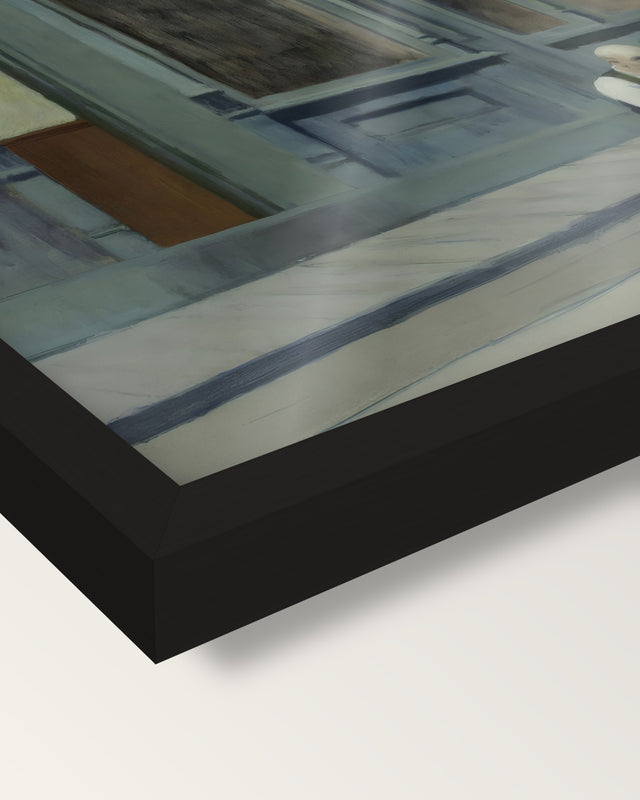 Sunday by Edward Hopper framed print, corner close-up: black moulding, the print edge to edge behind plexiglass, no mat