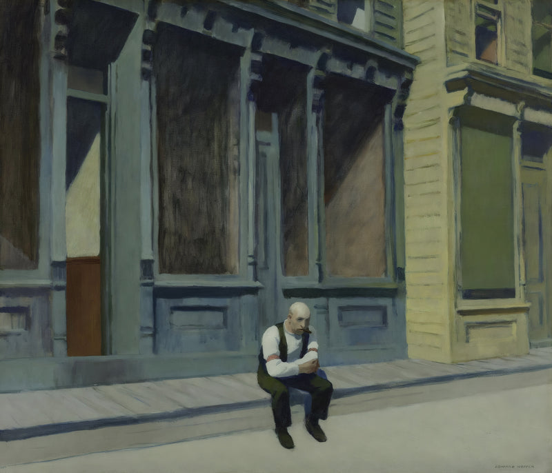 Sunday by Edward Hopper: a bald man in a white shirt sits alone on a kerb in front of empty wooden shopfronts