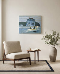 The Bootleggers by Edward Hopper as a stretched canvas above a linen lounge chair in a reading corner