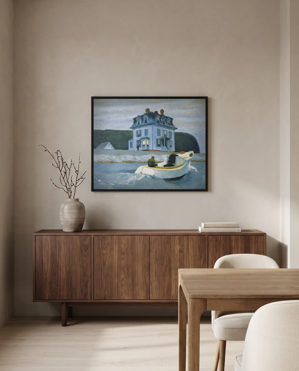The Bootleggers by Edward Hopper in a black frame above a walnut sideboard in a dining room