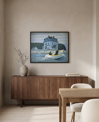 The Bootleggers by Edward Hopper in a black frame above a walnut sideboard in a dining room
