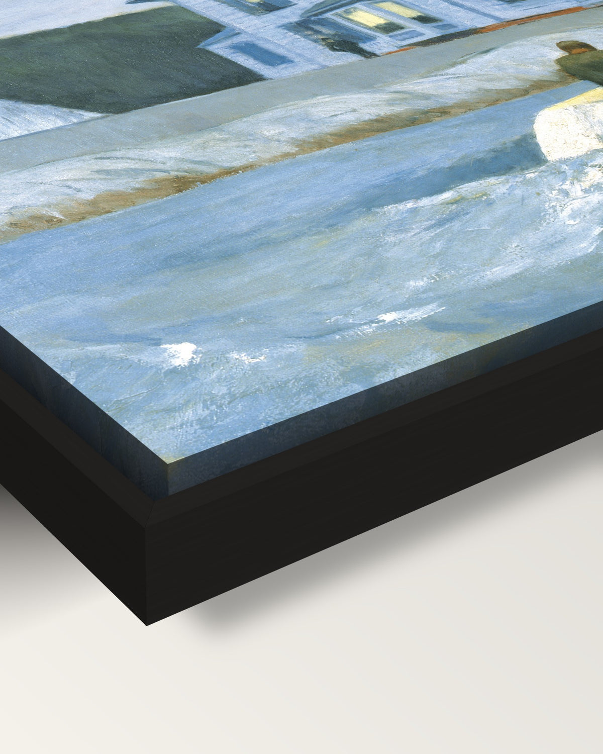 The Bootleggers framed canvas, corner close-up: the canvas in a slim black floating frame, its painted edge in the shadow gap