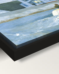 The Bootleggers framed canvas, corner close-up: the canvas in a slim black floating frame, its painted edge in the shadow gap