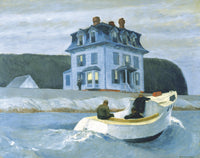 The Bootleggers by Edward Hopper: a white motorboat with two men speeding through choppy water towards a house on a hill
