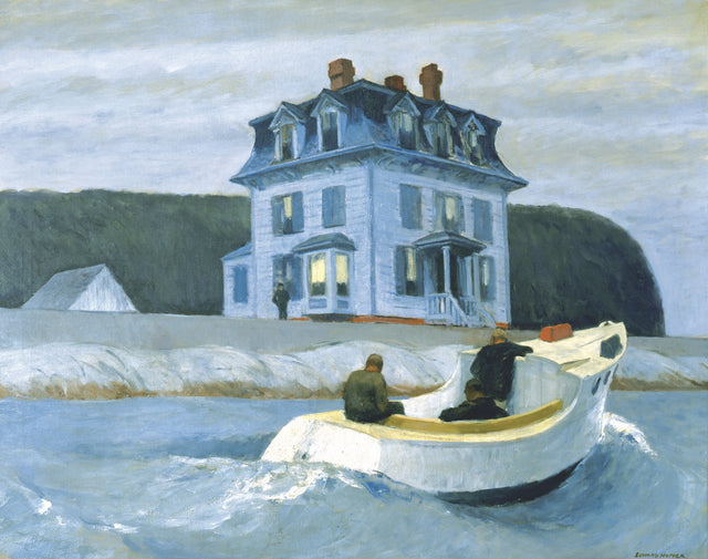The Bootleggers by Edward Hopper: a white motorboat with two men speeding through choppy water towards a house on a hill