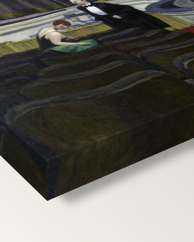 Two on the Aisle by Edward Hopper on stretched canvas, corner close-up: the painting mirror-wrapped round the sides