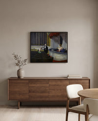 Two on the Aisle by Edward Hopper in a black frame above a walnut sideboard in a dining room