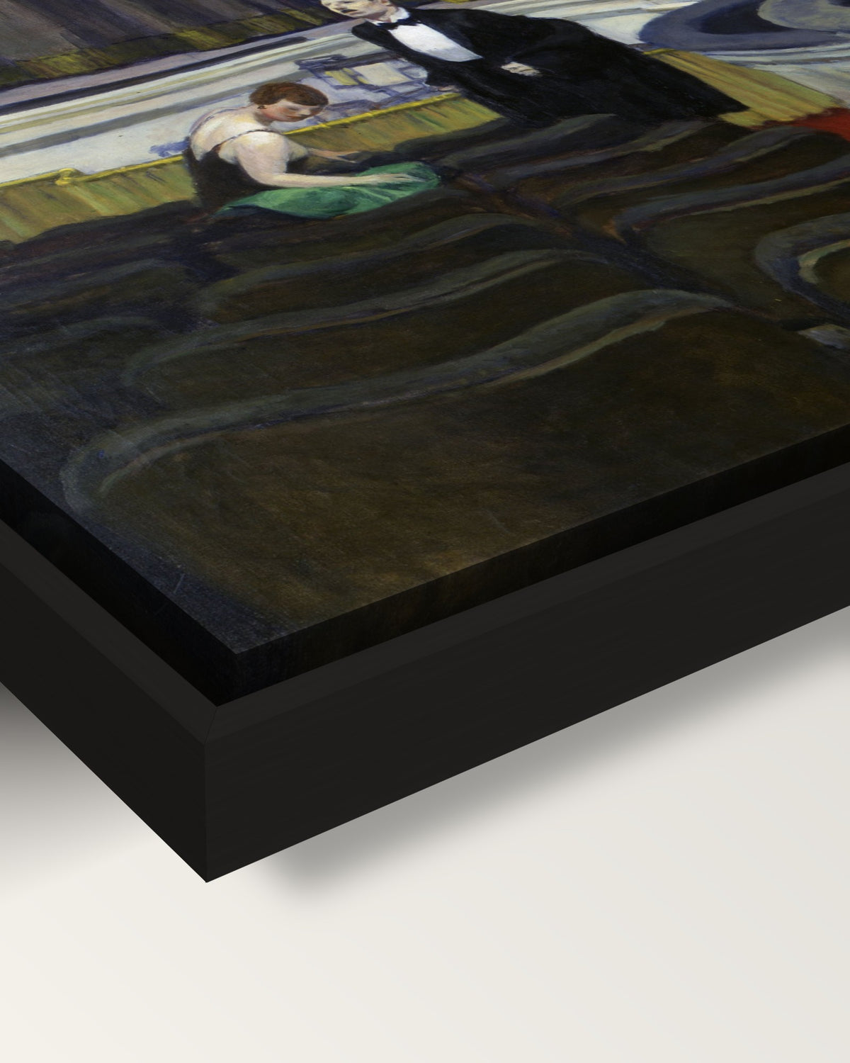 Two on the Aisle by Edward Hopper framed canvas, corner close-up: black floating frame, painted edge in the shadow gap