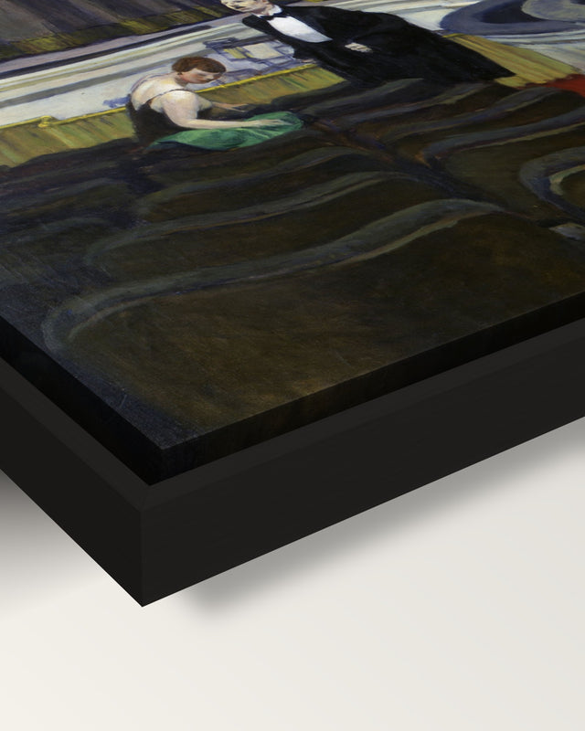 Two on the Aisle by Edward Hopper framed canvas, corner close-up: black floating frame, painted edge in the shadow gap