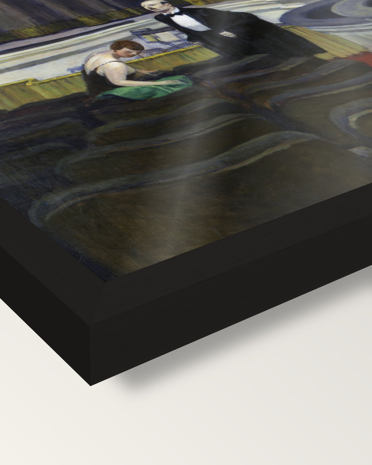 Two on the Aisle by Edward Hopper framed print, corner close-up: black moulding, edge to edge under plexiglass, no mat