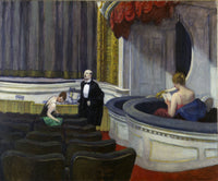 Two on the Aisle by Edward Hopper: a man in evening dress and a woman taking their seats in an empty theatre, a box above