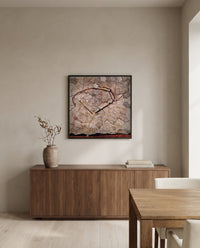 Autumn Tree in Stirred Air by Egon Schiele in a black frame above a walnut sideboard in a dining room