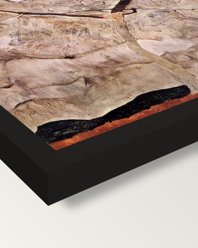 Autumn Tree in Stirred Air framed print, corner close-up: black moulding, mitred, the print set just below its edge