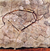 Autumn Tree in Stirred Air by Egon Schiele: a bare tree with thin dark branches curling across a pale grey windswept sky