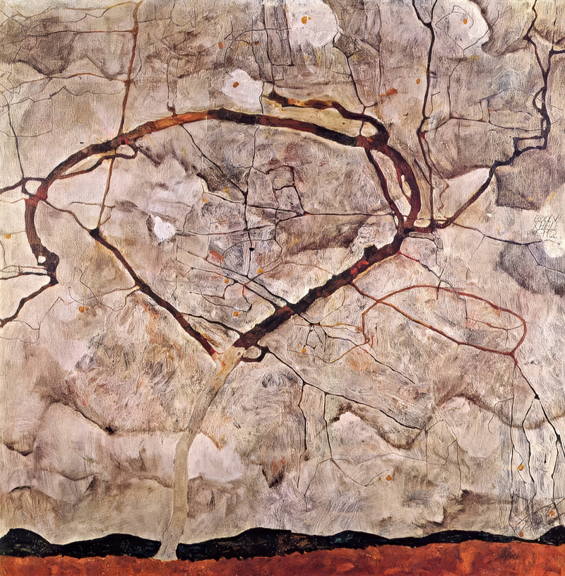 Autumn Tree in Stirred Air by Egon Schiele: a bare tree with thin dark branches curling across a pale grey windswept sky