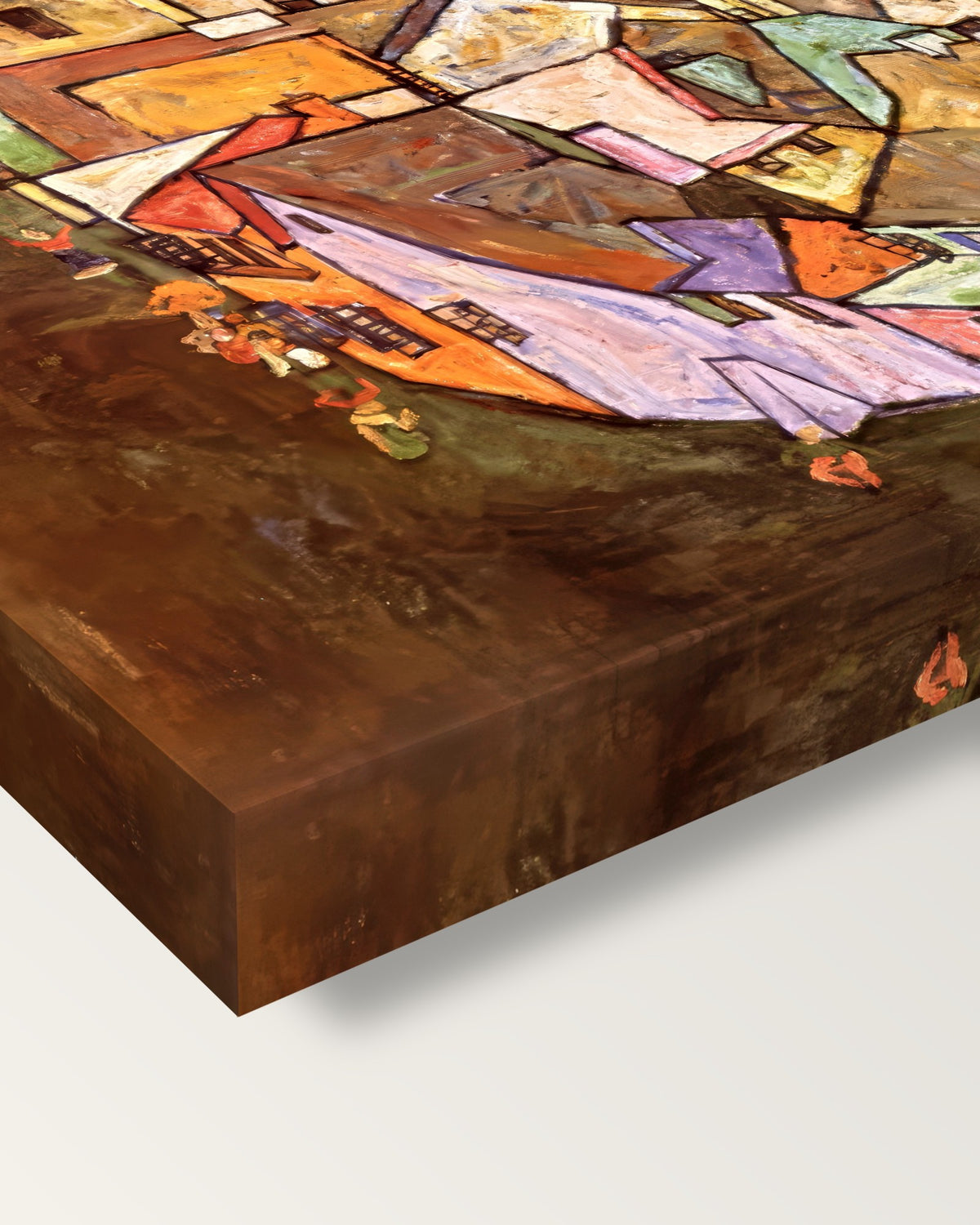 Edge of Town by Egon Schiele on stretched canvas, corner close-up: the painting mirror-wrapped round the sides