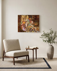 Edge of Town by Egon Schiele as a stretched canvas above a linen lounge chair in a reading corner