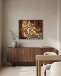Edge of Town by Egon Schiele in a black frame above a walnut sideboard in a dining room