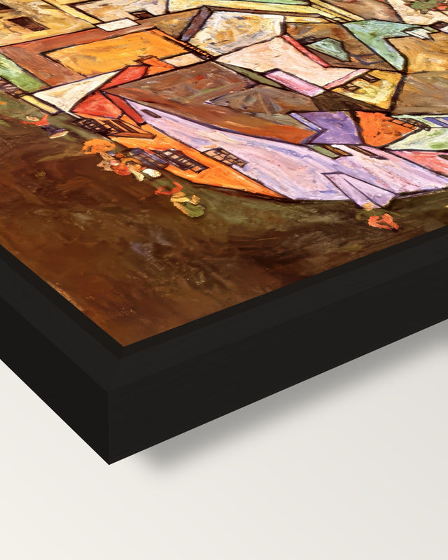 Edge of Town by Egon Schiele framed canvas, corner close-up: a black floating frame with a shadow gap round the canvas