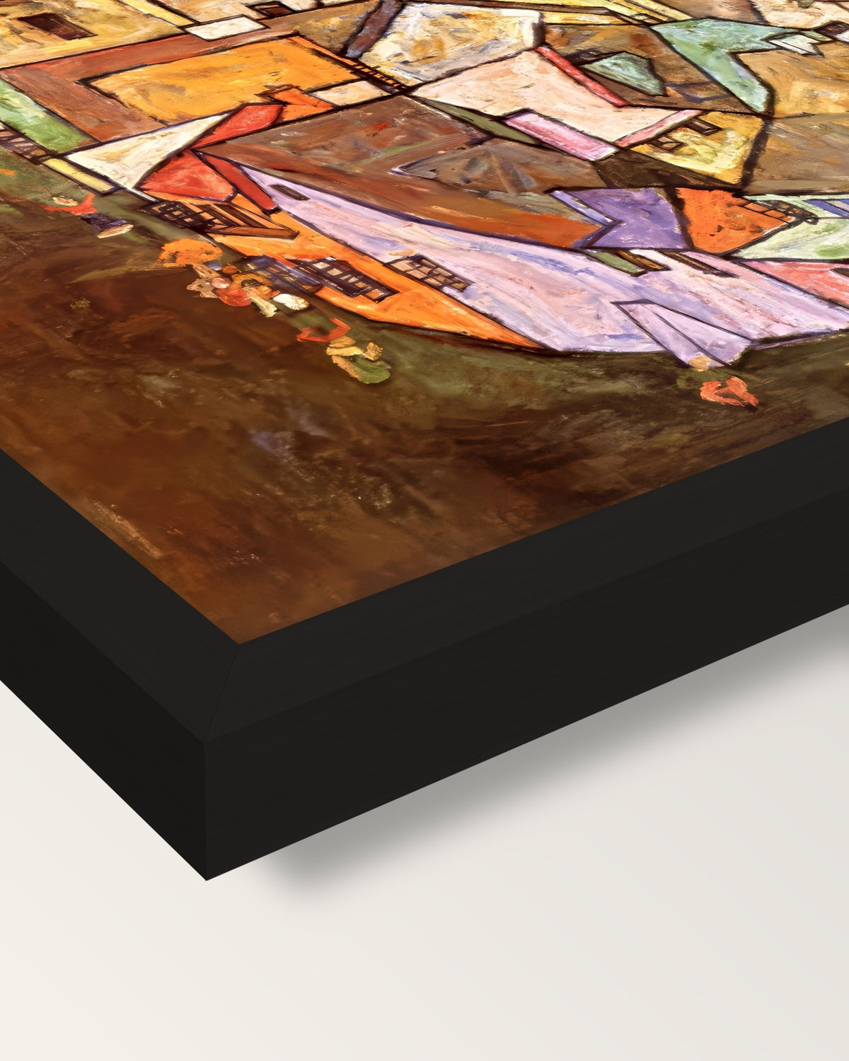 Edge of Town by Egon Schiele framed print, corner close-up: black moulding, mitred, the print set just below its edge