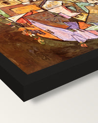 Edge of Town by Egon Schiele framed print, corner close-up: black moulding, mitred, the print set just below its edge