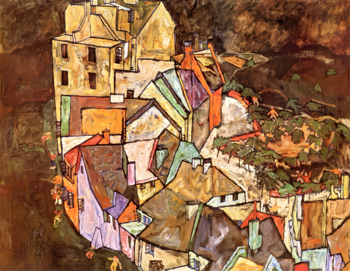 Edge of Town by Egon Schiele: a crescent of colourful houses with white, violet and orange walls beside dark green trees