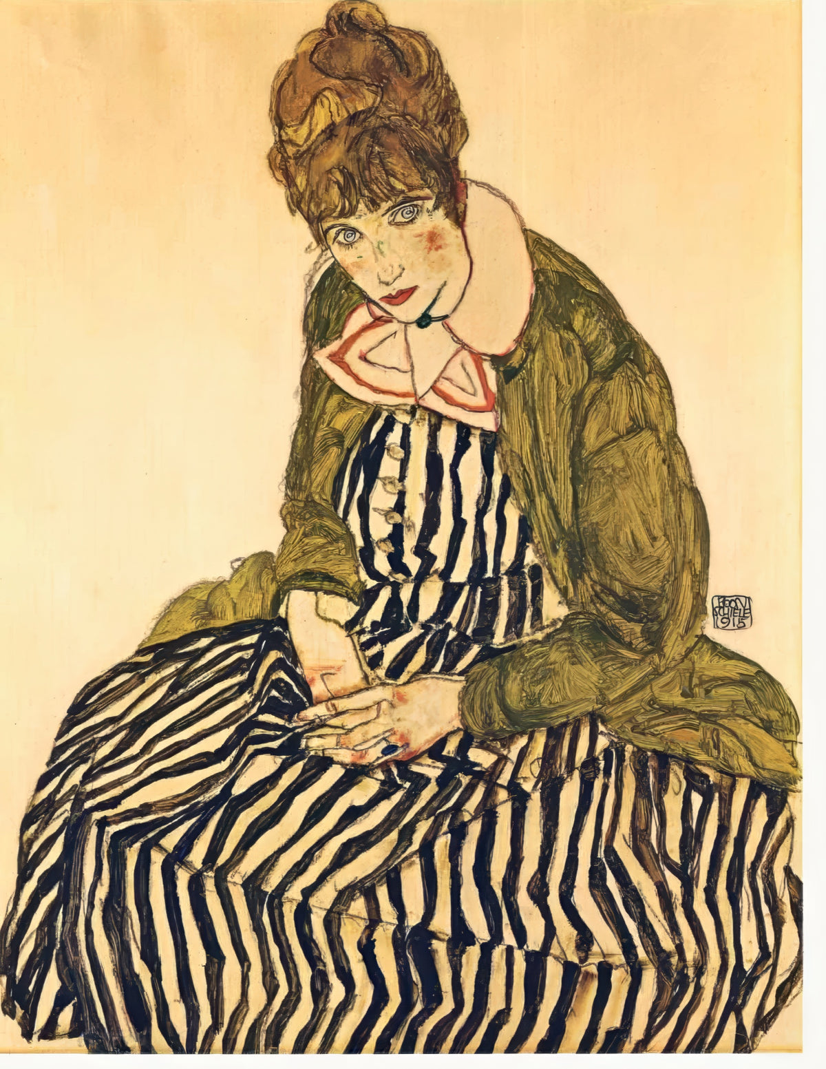 Edith Schiele in a Striped Dress by Egon Schiele: a seated woman with auburn hair, black and white striped dress, green vest