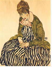 Edith Schiele in a Striped Dress by Egon Schiele: a seated woman with auburn hair, black and white striped dress, green vest