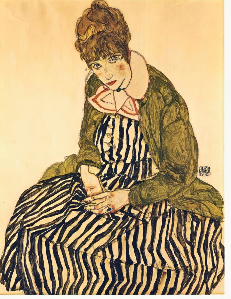 Edith Schiele in a Striped Dress by Egon Schiele: a seated woman with auburn hair, black and white striped dress, green vest