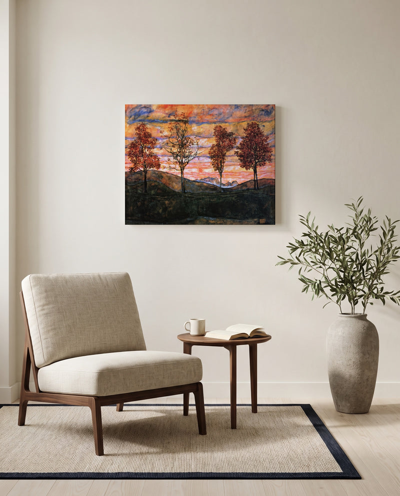 Four Trees by Egon Schiele as a stretched canvas above a linen lounge chair in a reading corner