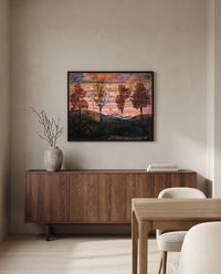 Four Trees by Egon Schiele in a black frame above a walnut sideboard in a dining room