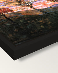 Four Trees by Egon Schiele framed canvas, corner close-up: a black floating frame with a shadow gap round the canvas